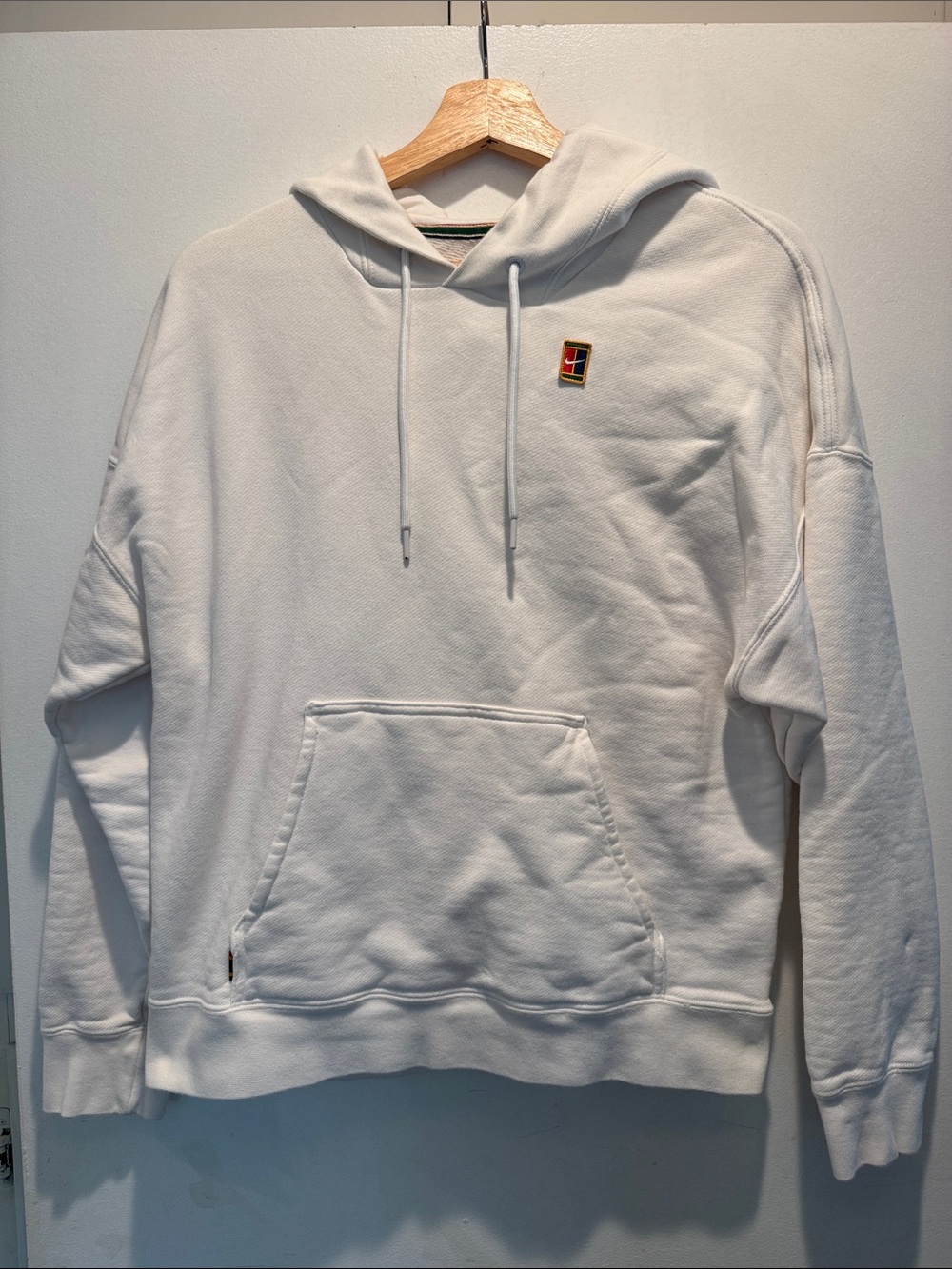 Nike White Crewneck Hoodie with Small Multicolor Patch Logo